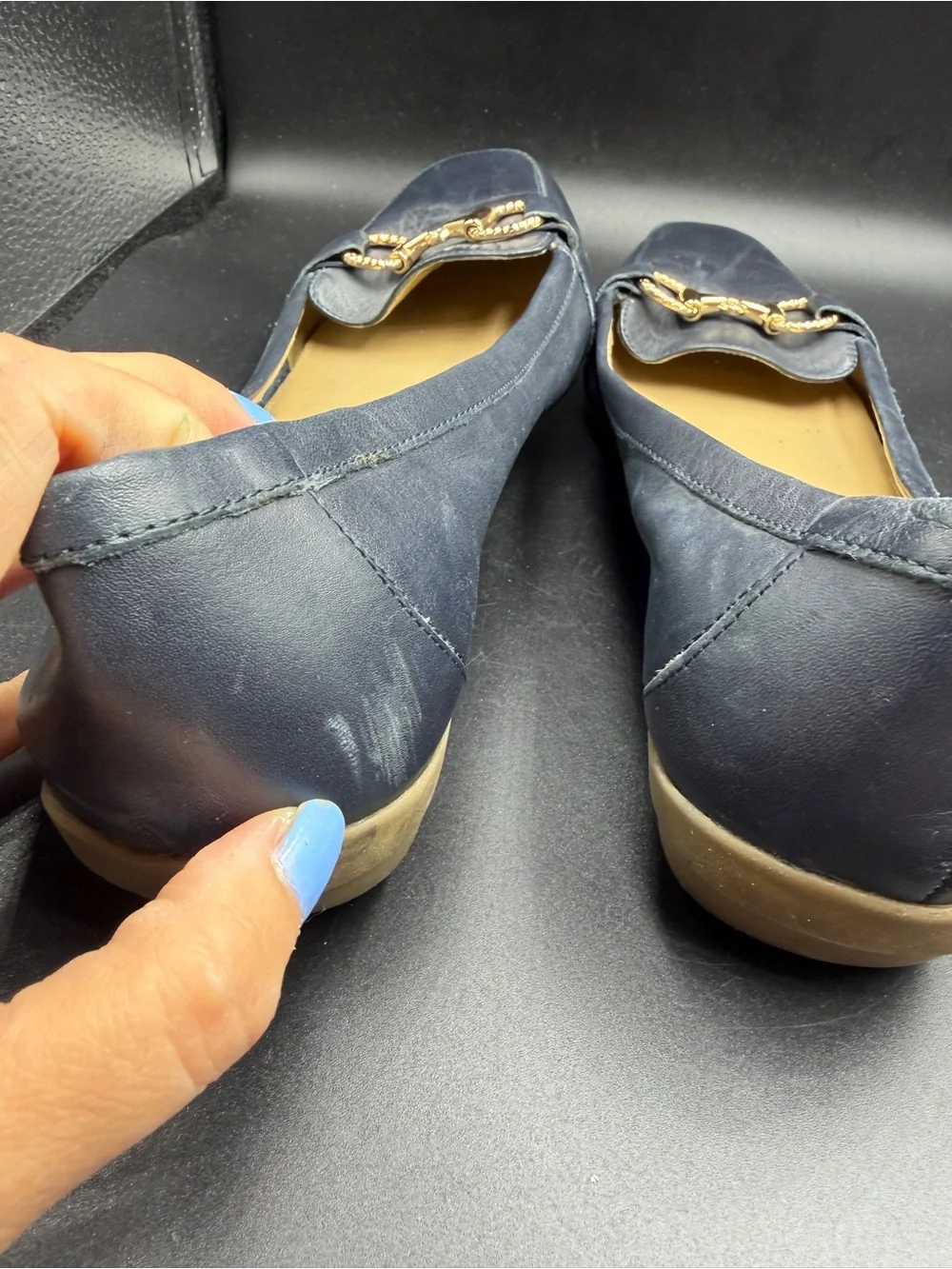 Easy spirit Classic Navy Leather Women’s Loafers with Gold Bit Detail